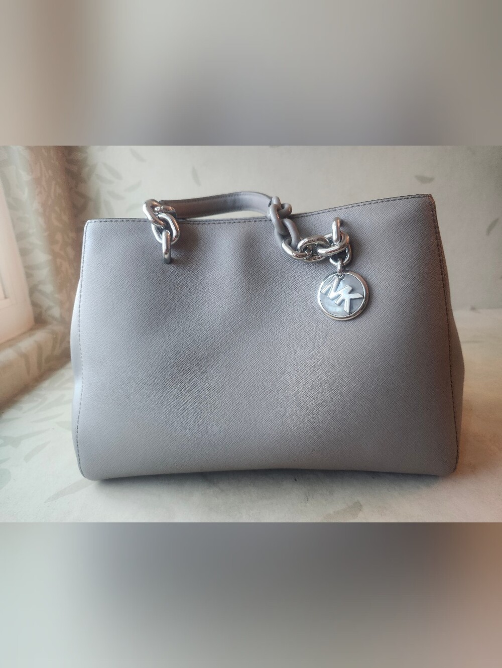Michael Kors Silver-Gray Saffiano Leather Satchel with Chain Detail